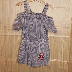 Girls Blue White Pinstripe Off Shoulder Romper With Embroidery 5-6
